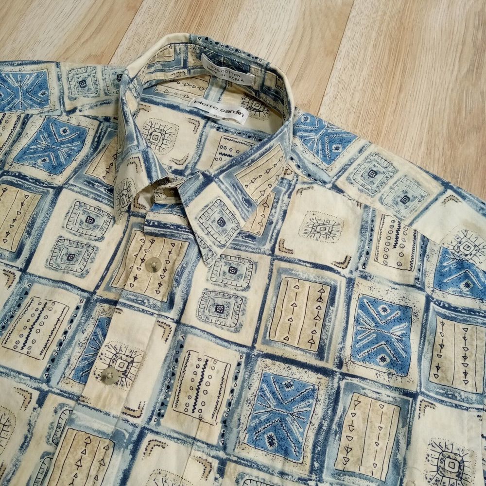 Pierre Cardin Shirt Mens Sz L Short Sleeve Tropical Hawiian Cotton Button Up